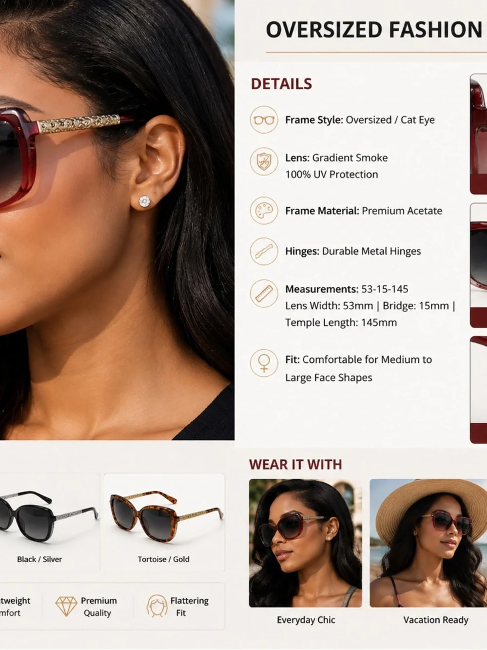Oversized Cat Eye Sunglasses - Burgundy Gradient Smoke